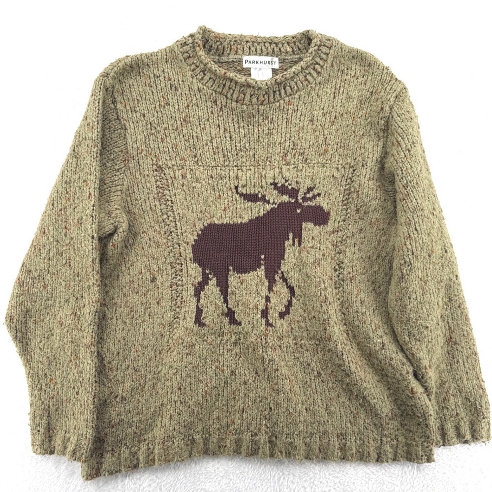 Moose Sweater Large Green Winter Ski Lodge Knit Outdoor Pullover Cottage
